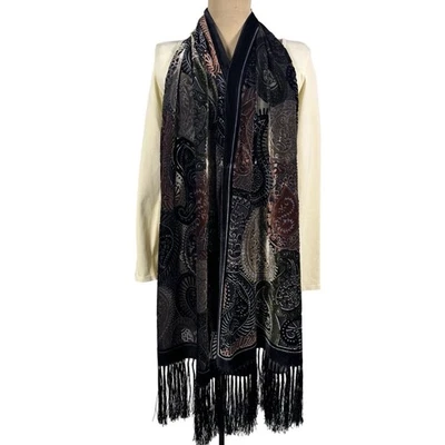 Velvet Burnout Paisley Shawl Scarf Wrap Fringe Trim Black Multicolor Boho Dressy - Image 1 of 4