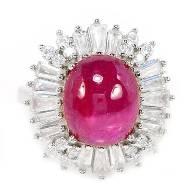 925 STERLING SILVER RING RED RUBY OVAL CABACHON & WHITE CZ GEMSTONE SIZE 7 - Image 1 of 4