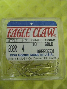 EAGLE CLAW SIZE 4 ABERDEEN FISH HOOKS GOLD STYLE 202R-4  10 COUNT - Picture 1 of 3
