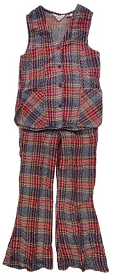 Vtg KMart 70's Girls Pants Suit Vest flare bottoms Costume Blue Red Plaid Hippie - Image 1 of 4