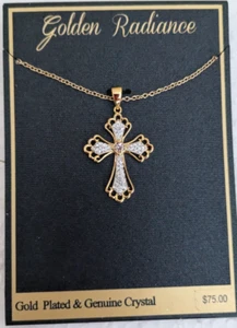 Gold Plated Brass 1.5" Cross Necklace 18" Chain Pendant with Crystals NEW - Picture 1 of 9