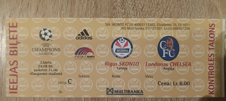 Champions League Skonto vs Chelsea London 25.08.99. game ticket unused (new) - Image 1 of 1