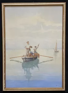 Altes Gemälde Aquarell Fischer im Boot Constant Freiherr von Byon um 1910 - Bild 1 von 9