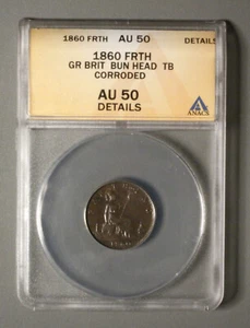 1860 Great Britain Farthing KM# 747.2 ANACS AU50 Toothed Border Bun Head - Picture 1 of 4