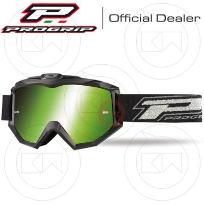 Máscara Progrip Gafas Moto Cross Enduro 3204 Negro Mate/Verde Lente Espejo - Imagen 1 de 3