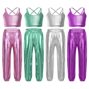Kids Girls Outfits Figure Skating Dancewear Shirts Suit Shiny Metallic Set Jazz - Picture 1 of 38