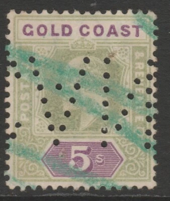 Gold Coast EVII 1902 5/- green & mauve sg46 cancelled perfin - Image 1 of 2