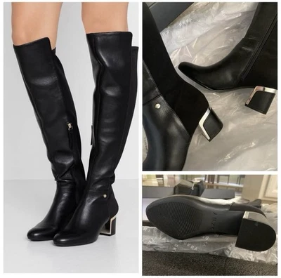 Botas femininas DKNY Cora couro preto salto médio joelho alto tamanho 6 - Imagem 1 de 4
