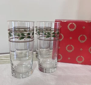 Vtg Home for the Holidays Christmas Holly Highballs 14oz Glasses MACYS Set of 4 - Picture 1 of 23