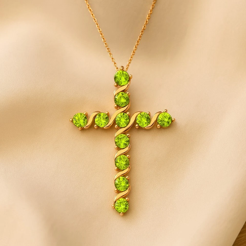 14K Gold Natural Peridot Cross Pendant | August Birthstone # 1016 - Image 1 of 1