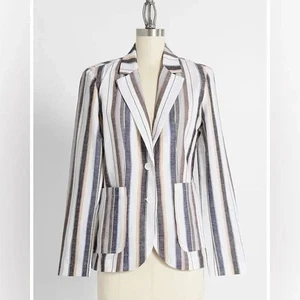 BB Dakota gestreifter Baumwoll Leinen Langarm Blazer mit Knöpfen in Größe S - Bild 1 von 5