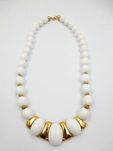 VINTAGE SIGNED 19" TRIFARI WHITE LUCITE BEADS & GOLD TONE ACCENTS NECKLACE - Picture 1 of 12