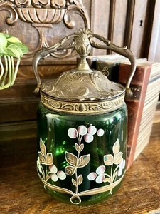 Antiker französischer Jugendstil smaragdgrüner Kunst Glas Bronze Keksfass  - Bild 1 von 10