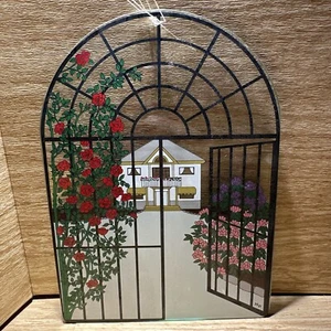 Vtg Painted Glass Window Arch garden Trellis Red Roses Window Hanging Flowers - Picture 1 of 6