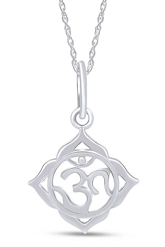 Pingente de sinal de oração Aum-Om 18" colar folheado a ouro branco 14K prata - Imagem 1 de 4