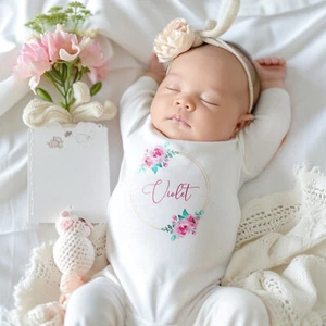 Personalised Pink / Blue Floral Rose Wreath Baby Outfit Sleepsuit, Ves, Bib - Picture 1 of 8