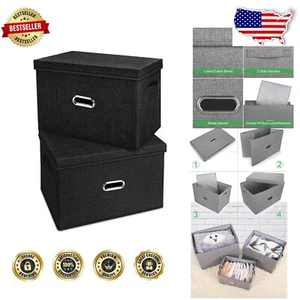 2-Pack Large Washable Linen Storage Bins with Removable Lids & Handles - Black - Picture 1 of 9