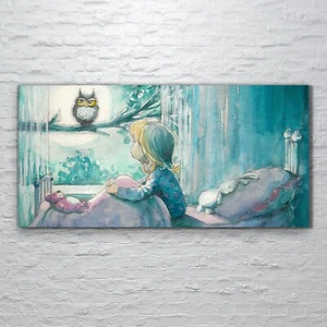 Glasbilder Wandbild Druck auf Glas 120x60 Mädchen im Bett sieht die Eule an - Bild 1 von 7