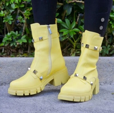 Women's Yellow Pyramid Stud Ankle Combat Boot (Size 7) - Image 1 of 4