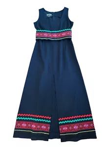 TRENT NATHAN Dress BLACK Red Green Embroidery Belt LONG Midi Party Vintage 10 12 - Bild 1 von 9