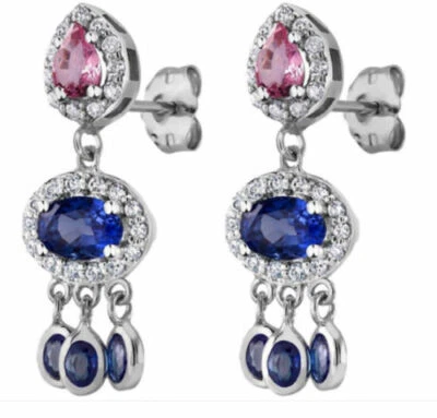 1.10ct Round Diamond Ruby Sapphire 14k White Gold Anniversary Dangler Earring - Image 1 of 3
