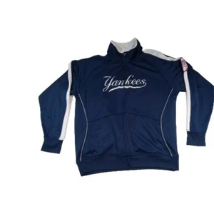 New York Yankees Majestic Zip Up Jacket Mens L-XL Navy Blue Slick Athletic - Picture 1 of 13