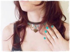 Messing Herz Choker Tag Leder Choker BDSM Leder Kragen viktorianische Choker Herz - Bild 1 von 17