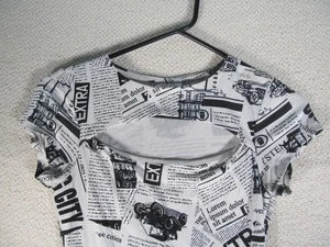 Rue 21 Bodysuit Womens Small "Newspaper Print" Short Sleeve Black White - Picture 1 of 15