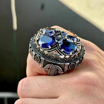 Anillo grande de zafiro de piedra estilo otomano grande de zafiro azul para hombre Foto 1 de 4