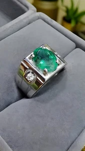 Vivid Green Top Quality Emerald Mens Ring, Sterling Silver 925, Handmade Ring - Picture 1 of 6