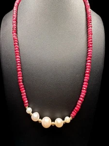 14K GF Clasp Deep Pink Sapphire Genuine Pearl Necklace Rondelle 18” Hand Crafted - Picture 1 of 24