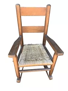 Vintage Rustic Slat Oak Wood Mini Child Doll Rocking Chair Ladder Back Rocker - Picture 1 of 6