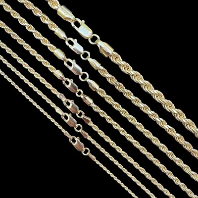 Men's Women's Real 14k Gold Plated Solid 925 Sterling Silver Rope Chain 1.5-5mm - Image 1 of 4