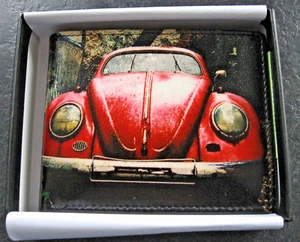 Retro Leather Bi Fold Wallet Black with Vintage Red Beetle Car Design Gift Boxed - Picture 1 of 5