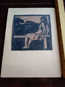 Viintage Contemporary Charcoal Pencil Sketch, 1930's? Folk Art Girl on Bench - Picture 1 of 5