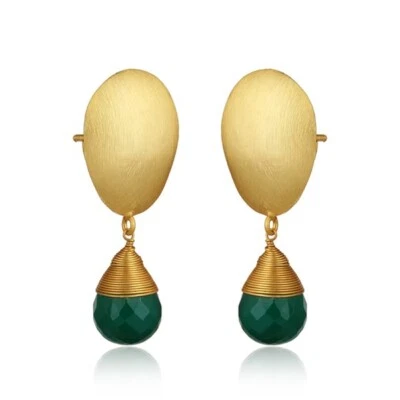 Свадебные серьги-капли с покрытием из желтого золота и натуральным зеленым ониксом подарок для женщин - Изображение 1 из 4