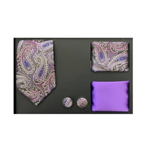 New formal Men skinny necktie 2 hankies cuff links gift set purple paisley prom - Picture 1 of 3