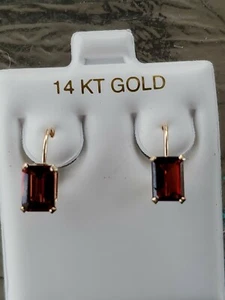Garnet Labcreated Octagon Cut Leverback Dangle Earrings 14kt Solid Yellow Gold - Picture 1 of 11