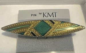 Vintage Art Deco Style Enamel Bar Pin by KMT-Green and Brass Colors - Picture 1 of 2