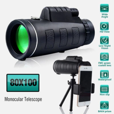 HD 80x100 Phone Camera Zoom Lens Monocular Telescope Hiking Hunting with Tripod - Image 1 of 4