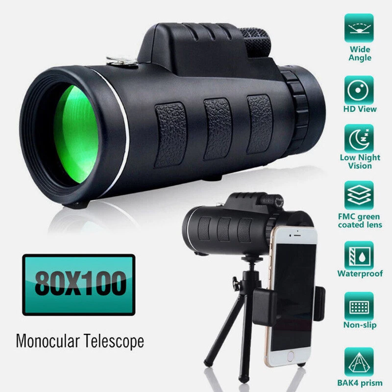 HD 80x100 Phone Camera Zoom Lens Monocular Telescope Hiking Hunting with Tripod - Image 1 of 4