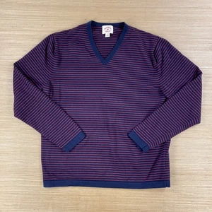 Camisa polar roja Brooks Brothers para hombre grande azul rojo a rayas manga larga cuello en V - Imagen 1 de 9