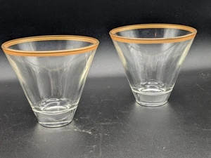 MCM Vintage Stemless Martini/Cocktail Glasses Set of 2 Barware Gold Rim Flared - Picture 1 of 11
