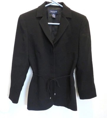 Ann Taylor Jacket Blazer Sz 0 Petite Black 3 Button Lined Tie Belt Long Sleeve D - Image 1 of 4
