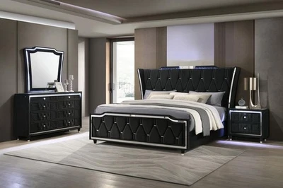 4 PC BLACK VELVET QUEEN LED WINGBACK BED NS DRESSER MIRROR BEDROOM FURNITURE SET - Image 1 of 4
