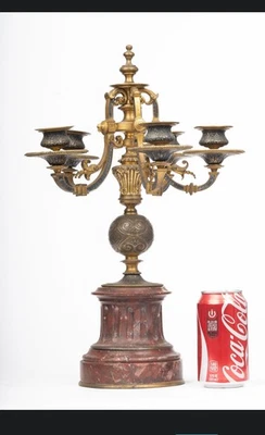 Par de candelabros franceses antigos neoclássicos cinco leves em bases de mármore vermelho - Imagem 1 de 4
