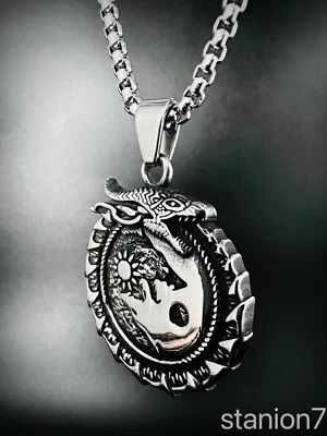 Drache Wolf Kopf Wikinger Anhänger Edelstahl Kette Sonne Mond Kreis Biker 324B - Bild 1 von 4