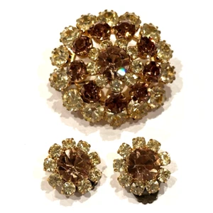 AUSTRIA CITRINE YELLOW AMBER BROWN RHINESTONE BROOCH PIN CLIP ON EARRING Set Lot - Picture 1 of 15