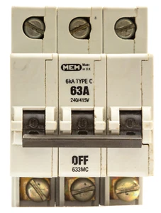 MEM 633MC 63 AMP 63A C63 CURVE C 6kA TRIPLE POLE MCB CIRCUIT BREAKER 3T633 633C - Picture 1 of 7