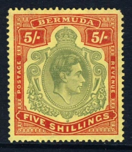 BERMUDA KG VI 1943  5/- Pale Green & Carmine-Red on Pale Yellow P14 SG 118d MINT - Picture 1 of 2